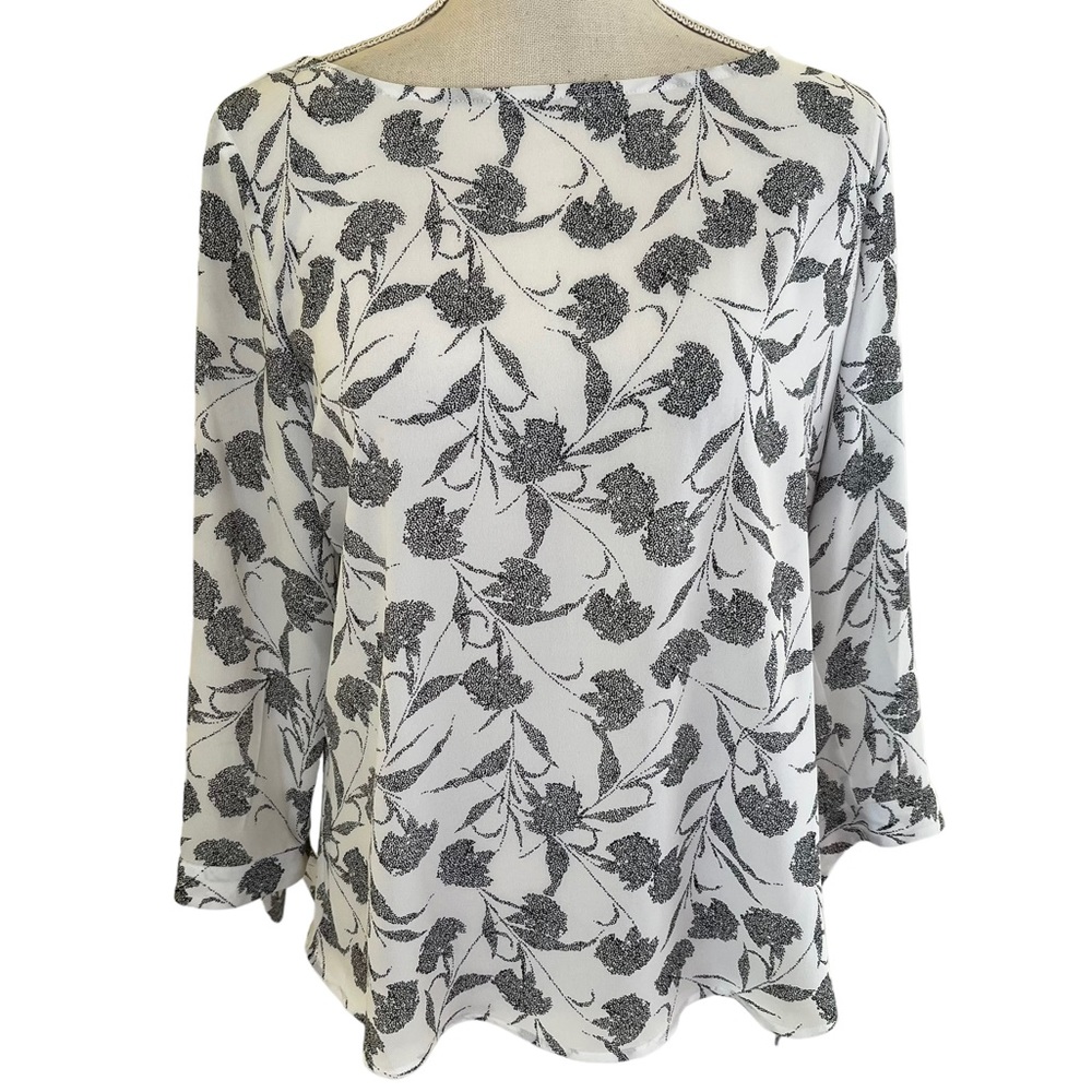 41 Hawthorn White with Black Floral Tie Sleeve Blouse M